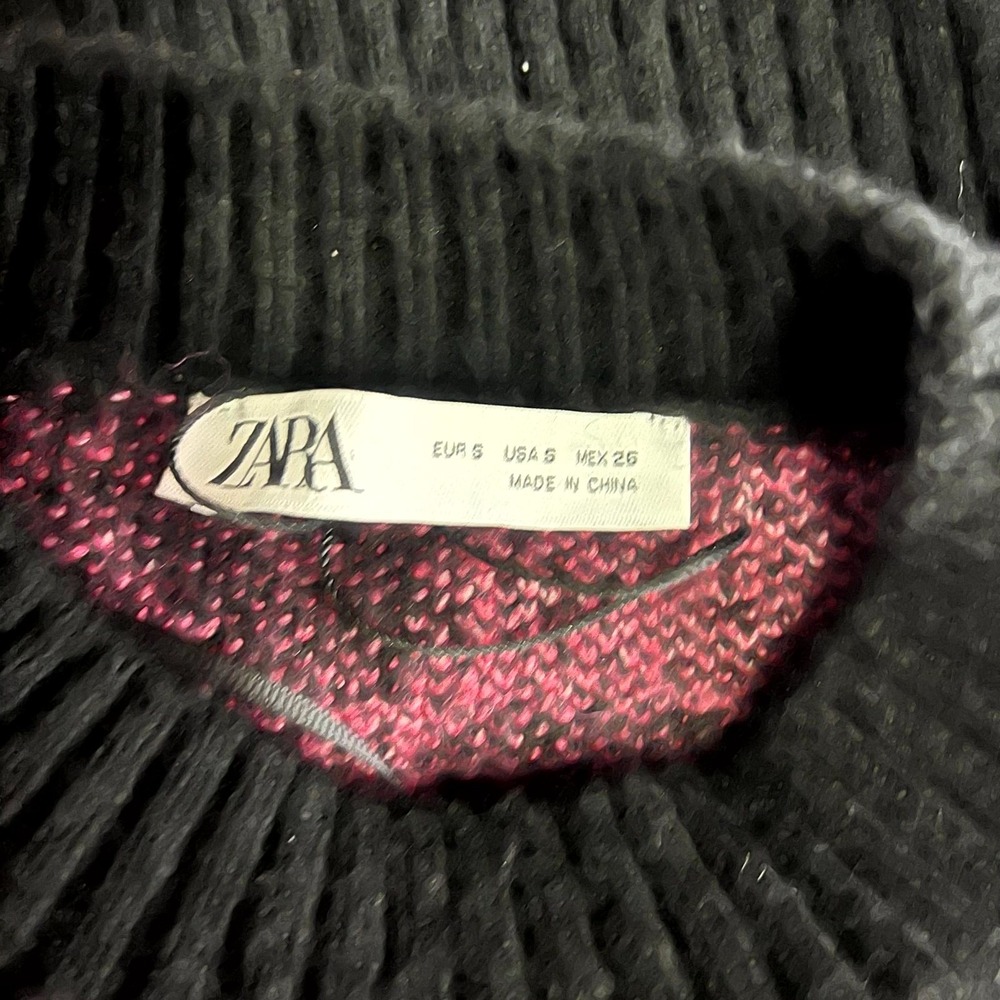 Zara Sweater Womens Small Pink Black Stretch Checkered Long Sleeve Crewneck - Picture 7 of 8